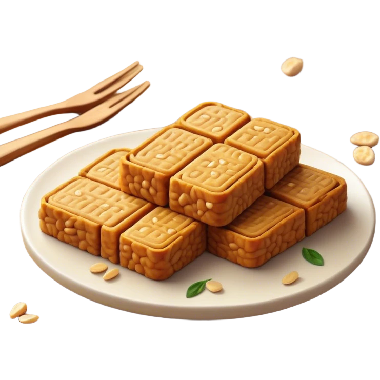 Tempeh Cinematic Realistic Tempeh Dish Emoji, depicted as crispy, sliced portions of fermented soy cake with a golden-brown finish, rendered with detailed textures and warm, inviting lighting. emoji