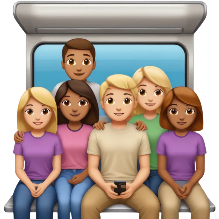 five people, diverse genders, smiling and sitting together in a subway car inspired by Apple emoji subway, colorful exterior, all wearing light-colored t-shirts, Apple emoji style emoji