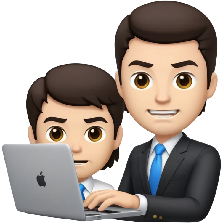 memoji of a white male realtor with a laptop in front, modern, dark hair, angry smile emoji