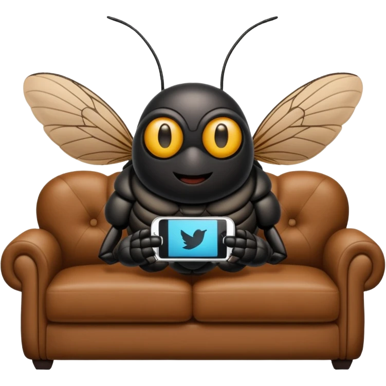 Black Cicada cartoon style watching on a phone sit on a brown sofa  emoji