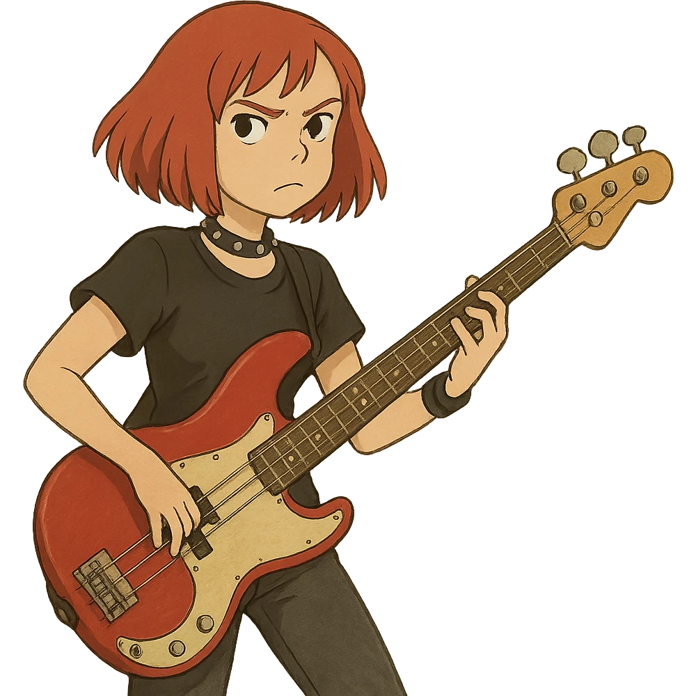 rock girl with red hair and red bass guitar, long bob hairstyle, punk attitude emoji