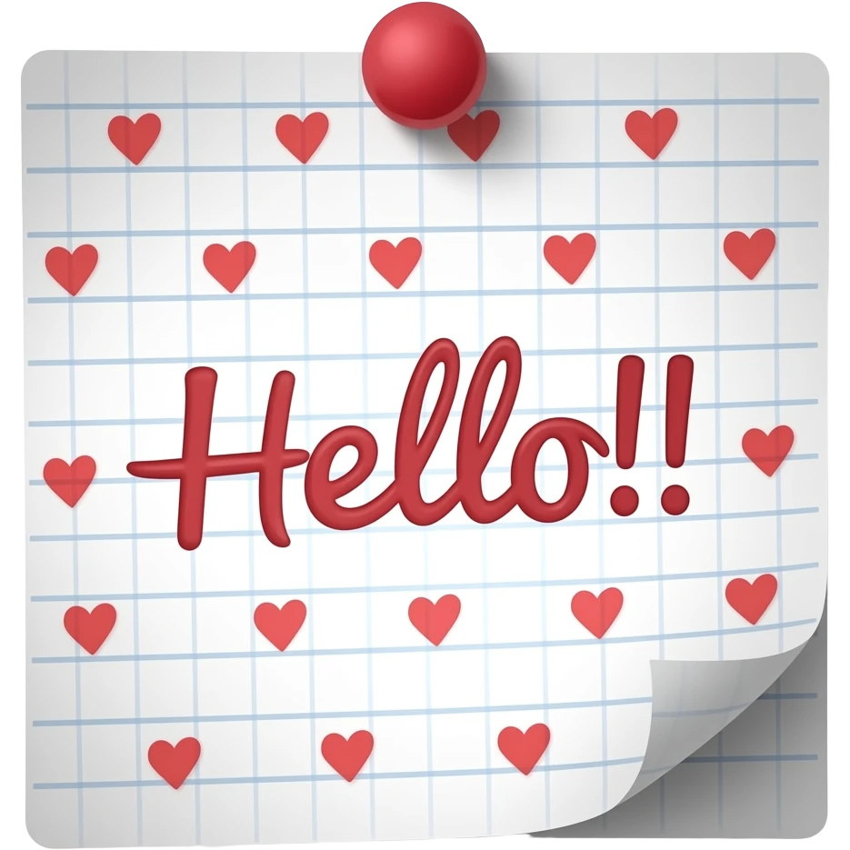 sticky note that says "Hello!!" with many tiny red heart in transparent background emoji