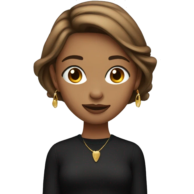 Girl with Brown straight hair with highlights tucked behind ears with earrings all up her ears wearing and black cropped longsleeve emoji