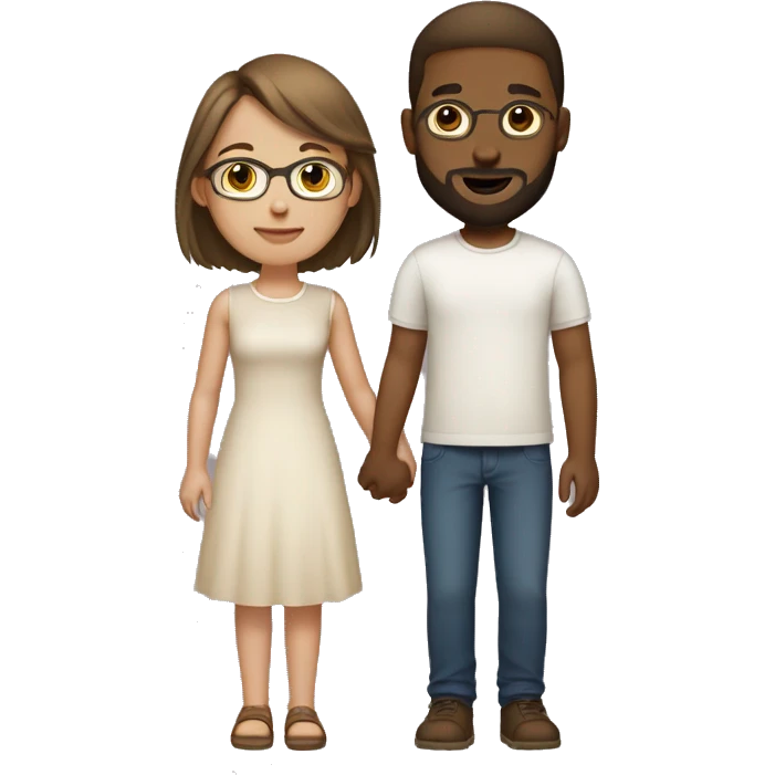 Couple holding hands, girl has light brownish complexion with short hair and rectangular frames, The boy is whitish brown and has trimmed beard emoji