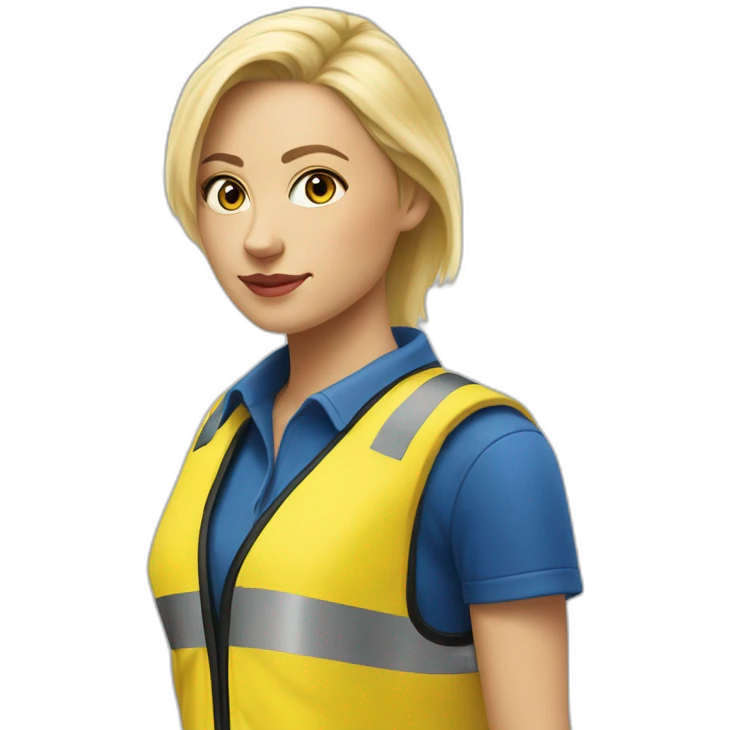 Ikea coworker blond woman blue stripes t-shirt and yellow security vest emoji