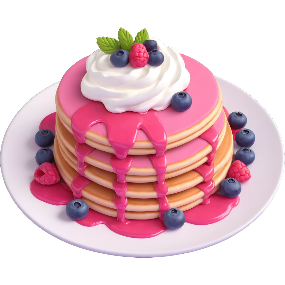 appetizing pink pancakes with berries and whipped cream on a plate, glossy, modern, and fresh emoji