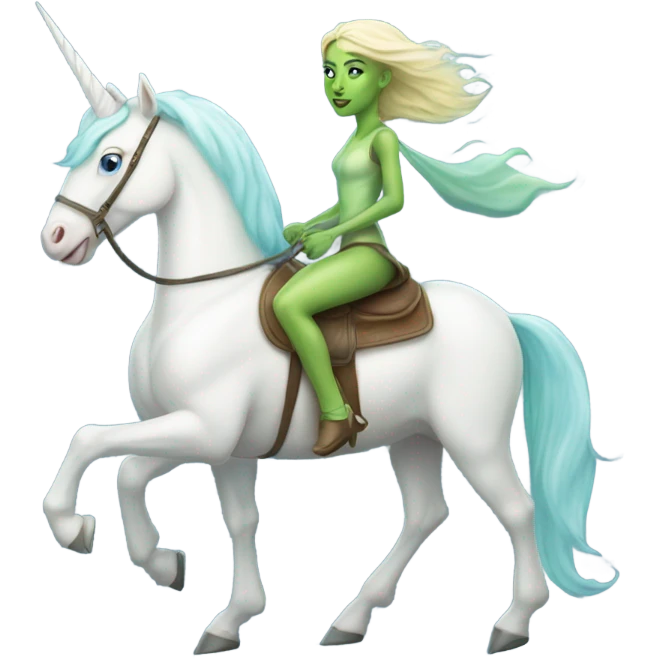 [(a light green amazon alien woman with blue eyes) on a (four-legged white unicorn)] emoji
