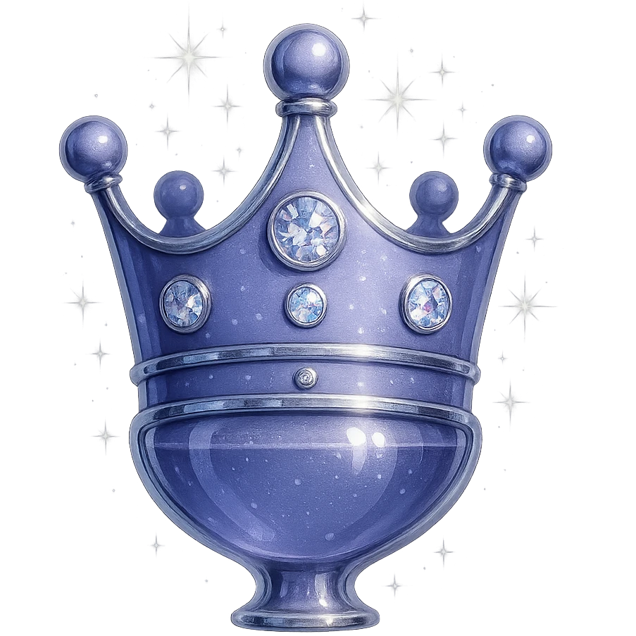 Transform this crown into a small, elegant elixir bottle: keep the crown shape and color #7986cb, bottom merges into a bottle/flask, add prominent silver and holographic details, extra magical sparkles, very small neck, seamless bottom, floating in air, transparent background, no base or shadow, modern, luxury collection style. Style: modern luxury collection, transparent background, floating, prominent silver and holographic details, extra magical sparkles. emoji