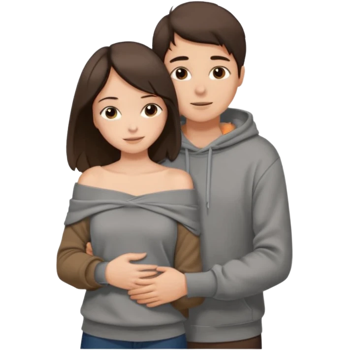 парень брюнет с короткой стрижкой в сером худи, обнимает девушку брюнетку с длинными прямыми волосами в коричневой кофте со спущенными плечами, emoji