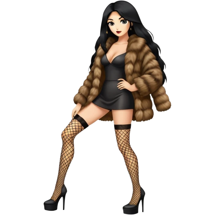 fur coat covered and fishnets legs, platform heels, black long hair tanned woman, full body emoji