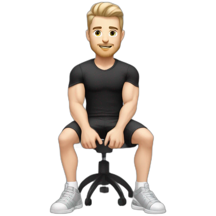 Pale skinned Fit Man With the biceps and dark brown hair in black shirt, gray sports shorts and white Sneakers Sitting on a chair emoji