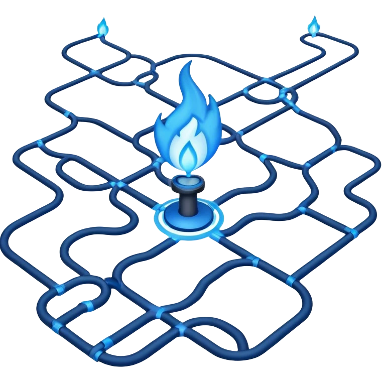 a map with a glowing blue flame on the x and networking paths emoji