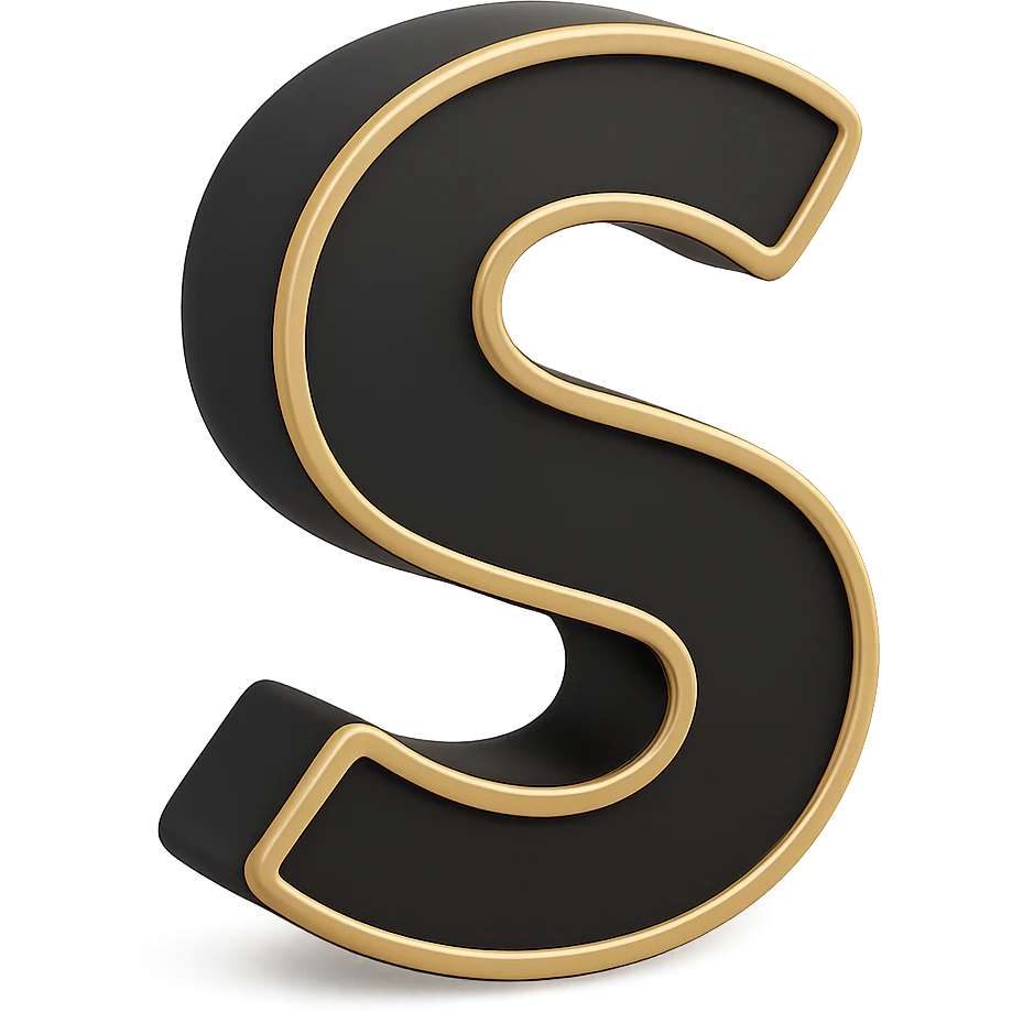 Create the letter S in the 3D Black style, matching the bold, clear, gold-edged look of the reference letter A. emoji