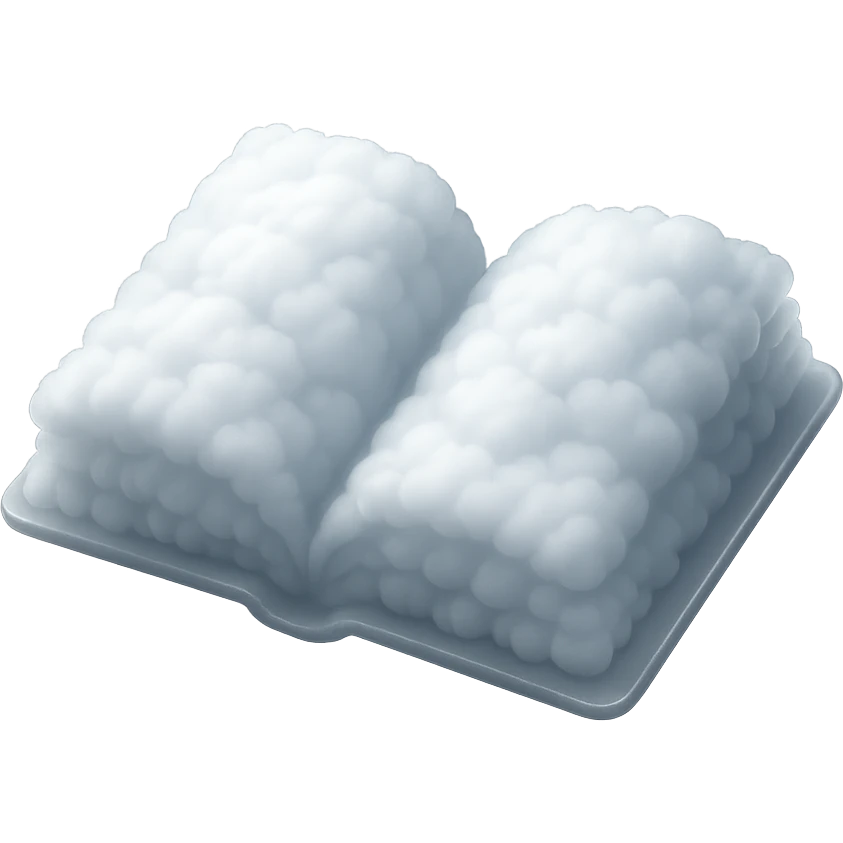 thick open book made entirely of small very bright white fluffy convex clouds, matte glass style, emphasis on volume and luminosity of clouds, no background emoji