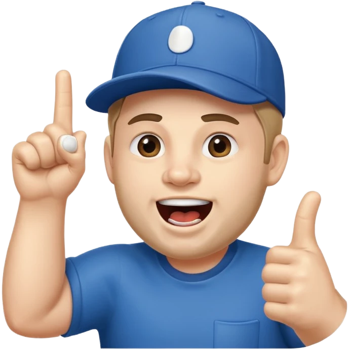 A stocky man with a cap backward, shouting proudly while pointing the foam finger upward. emoji