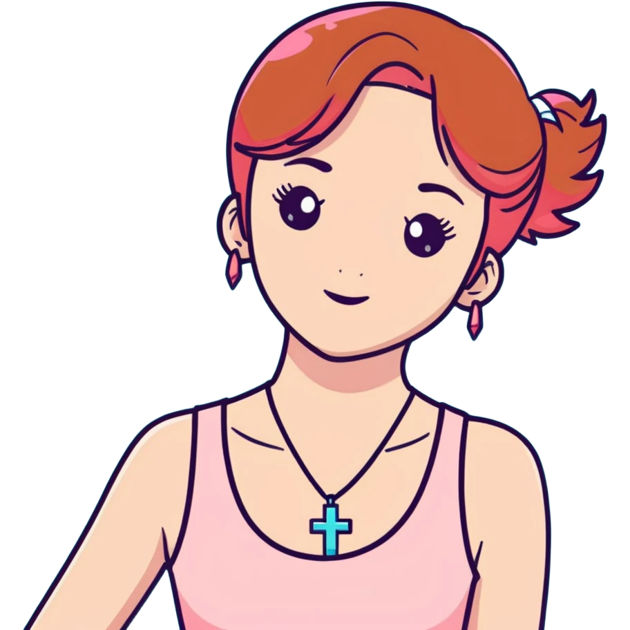 Auburn ginger haired girl with eyelashes wearing a cross necklace and a light coral pink tank top emoji