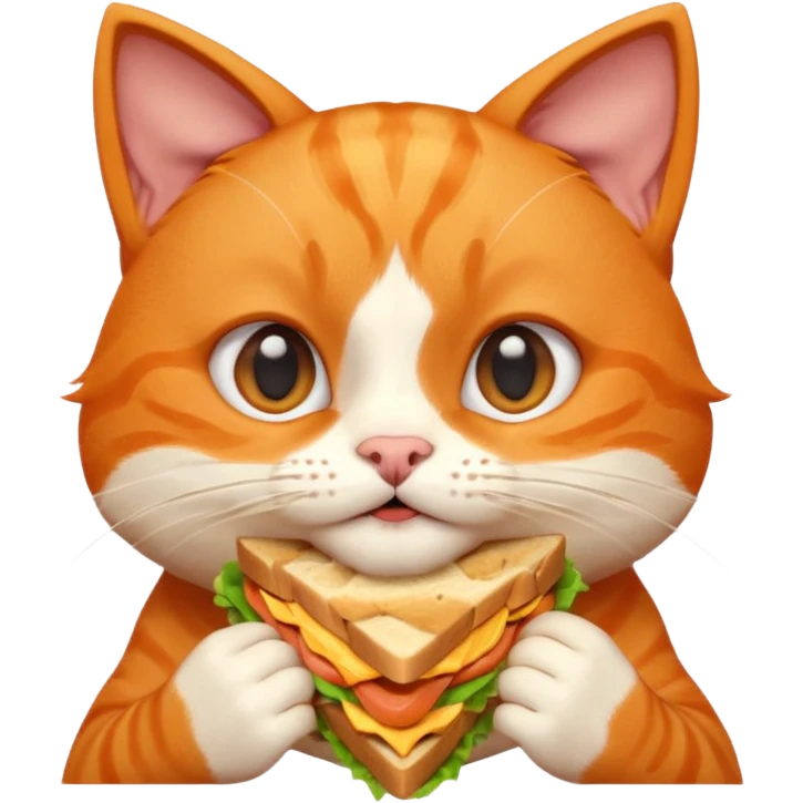 cute orange cat portrait, head and shoulders only, biting a sandwich, funny expression, 3D cartoon, mobile game icon style, clean background, no text, no watermark emoji