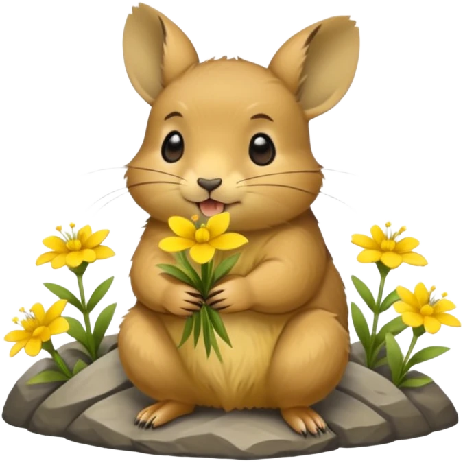 small round mountain pika on all fours, holding flowers in its mouth emoji