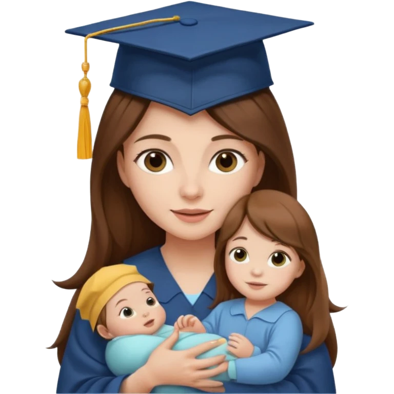 "Woman with long brown hair and fair skin wearing a graduation cap, holding a baby who has a hat and fair skin." emoji