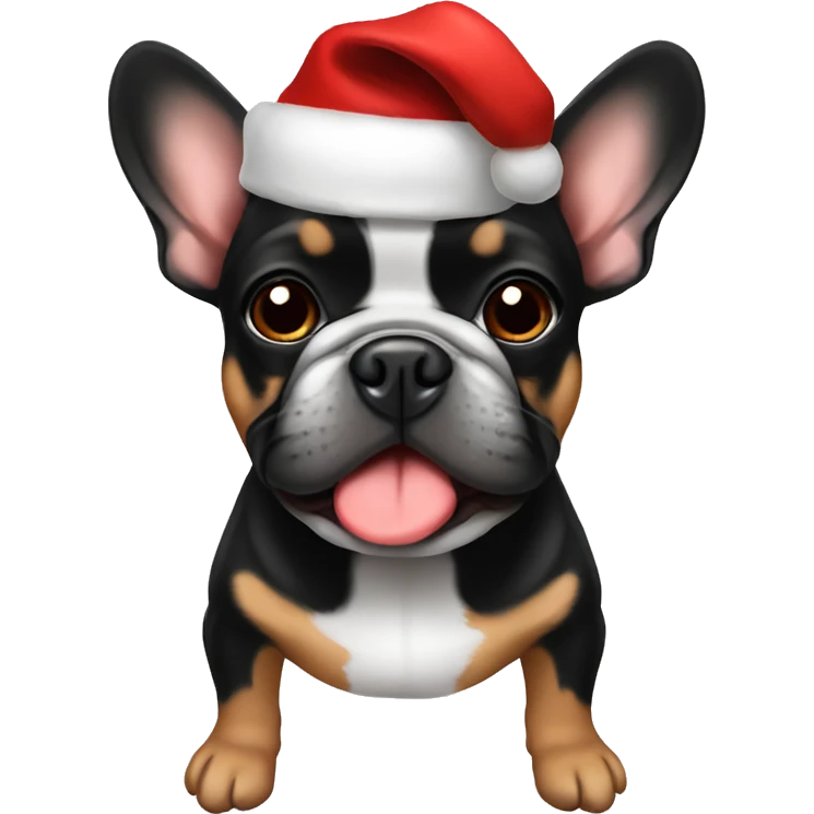 Black and tan frenchie wearing Santa hat emoji