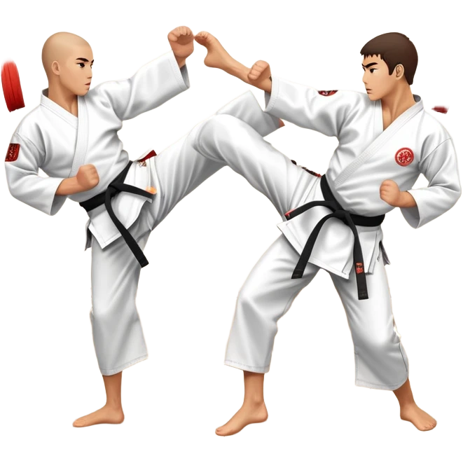 Two karate fighters in traditional gi sparring. One executes a high kick aimed at the opponent’s head, while the other blocks with a strong hand defense. The background features a classic dojo with wooden flooring and banners. Dynamic motion and focused expressions. Transparent background. emoji
