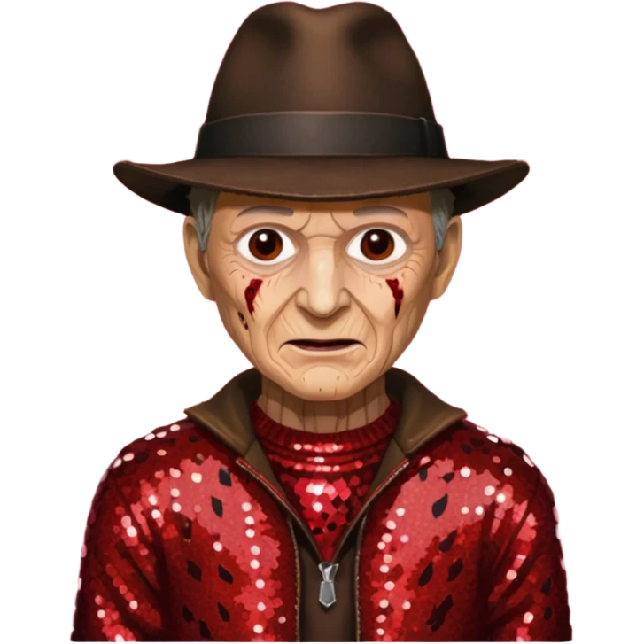 Freddy Krueger with tan burned skin, red sequin sweater, dark brown sequin jacket and hat emoji