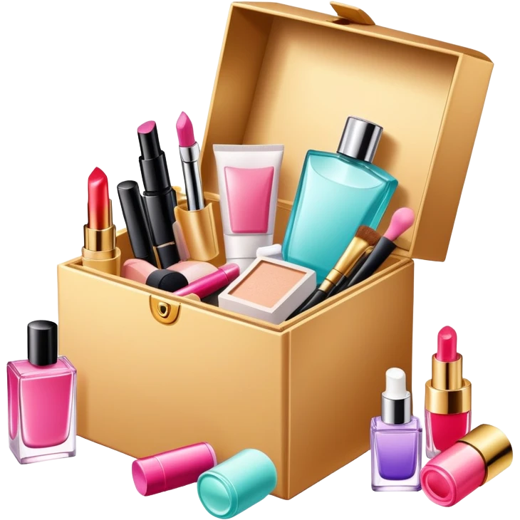 an opened box with various beauty items spilling out, including makeup, skincare, and perfume emoji