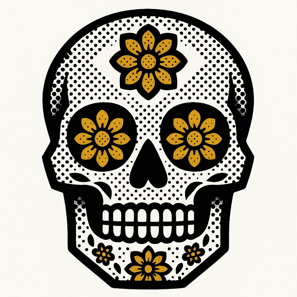 simple black and white skull with marigold accents, Day of the Dead emoji