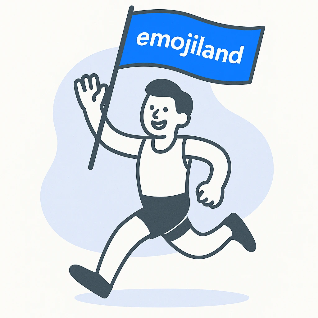 happy runner waving a flag that says 'emojiland' emoji