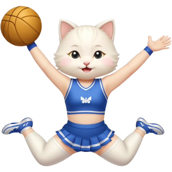 A chubby white kitten cheerleader in pastel uniform jumping in cheer pose. emoji