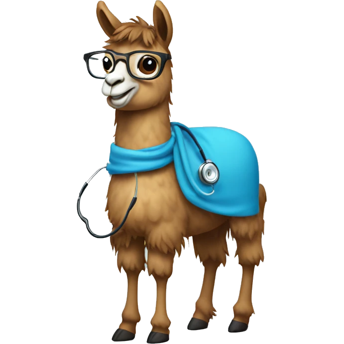 a llama with a blue scarf, stethoscope, and glasses smiling emoji