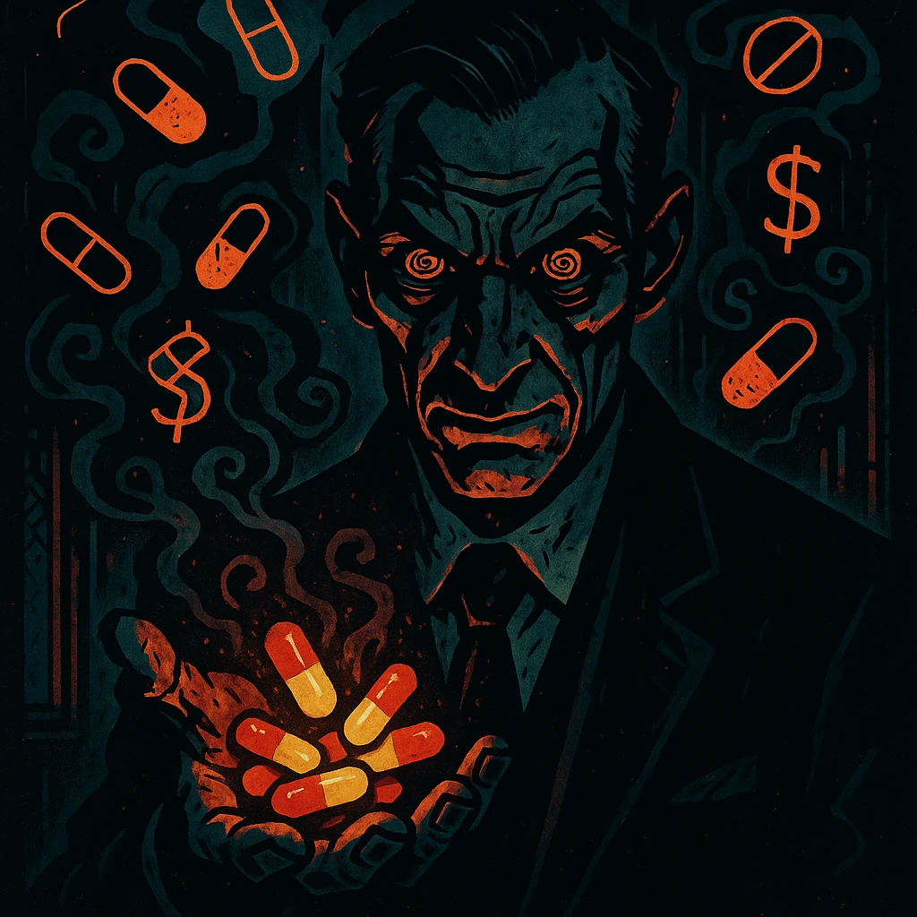 Close-up of a sinister man in a sharp suit holding glowing pills, hypnotic gaze, swirling pharmaceutical symbols and dollar signs in dark smoke, gothic neon-lit background, cinematic lighting, hyper-detailed, Mike Mignola and cyber-noir style. emoji