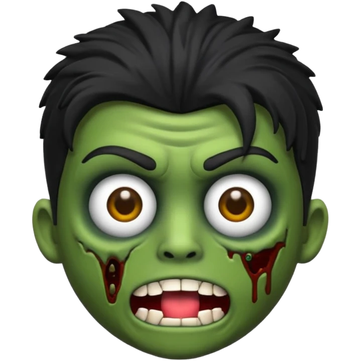 Quero um emoji de zumbi masculino, com cabelo preto, estilo desenho 3D como emoji, na mesma pose com as mãos levantadas para frente, expressão de zumbi com boca aberta e olhos meio caídos, pele verde acinzentada e roupa rasgada emoji