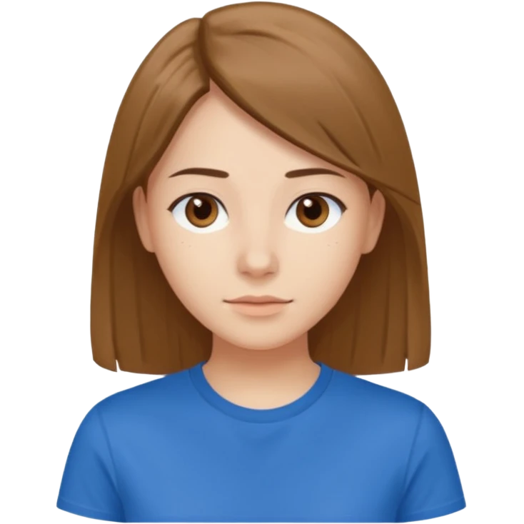 young brawn-eyed woman with straight hair with a blue t-shirt with  emoji