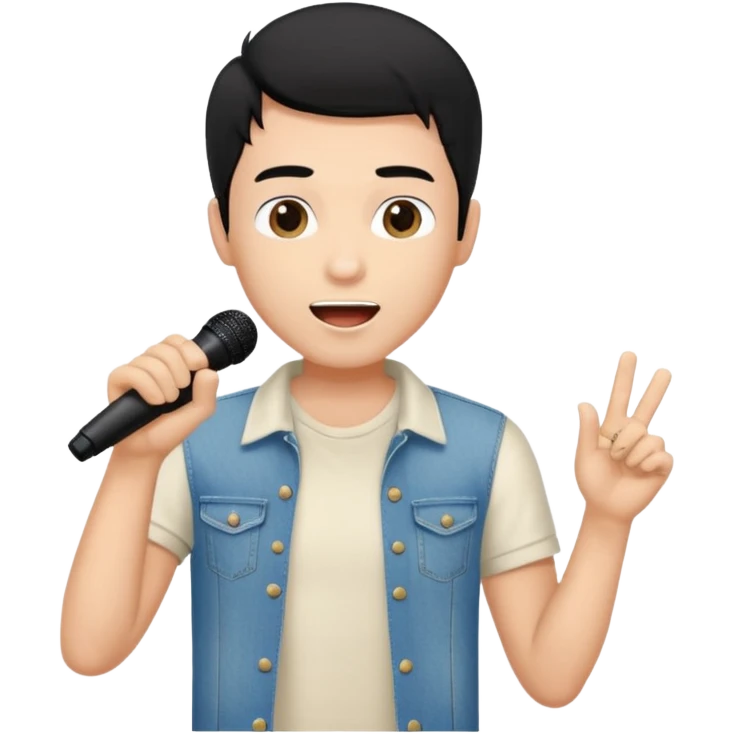 Handsome young man with black hair singing karaoke wearing an ivory t-shirt and denim shorts. emoji