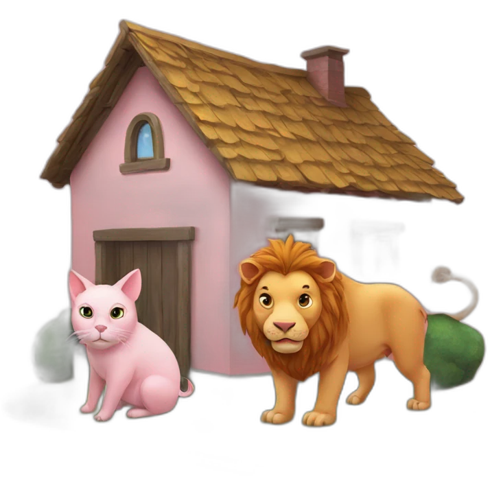 Pig and a cat and a lion on a house emoji