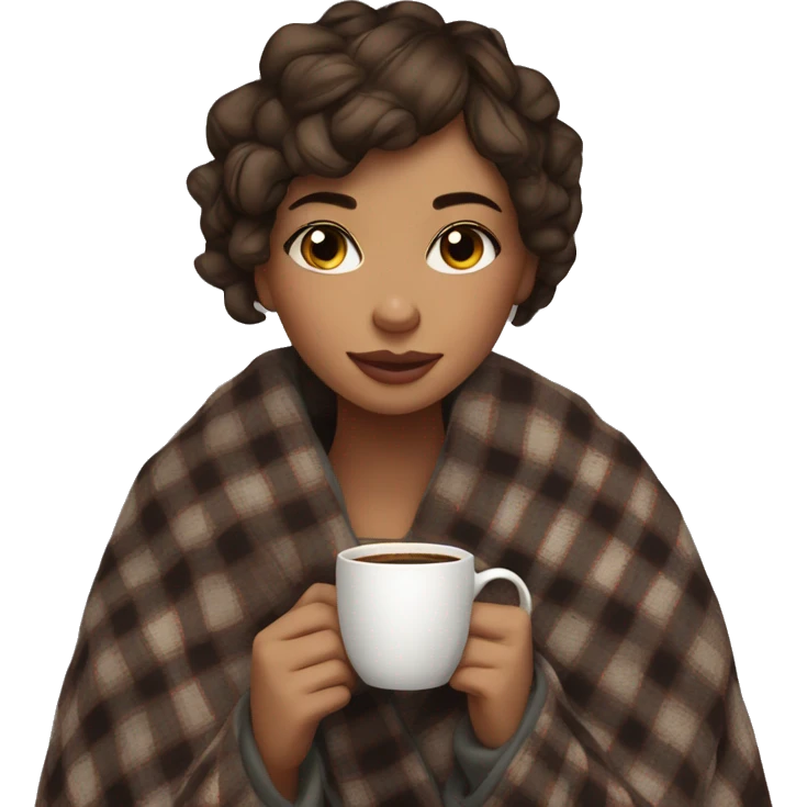beautiful girl short hair wrapped in cozy plaid blanket with coffee emoji