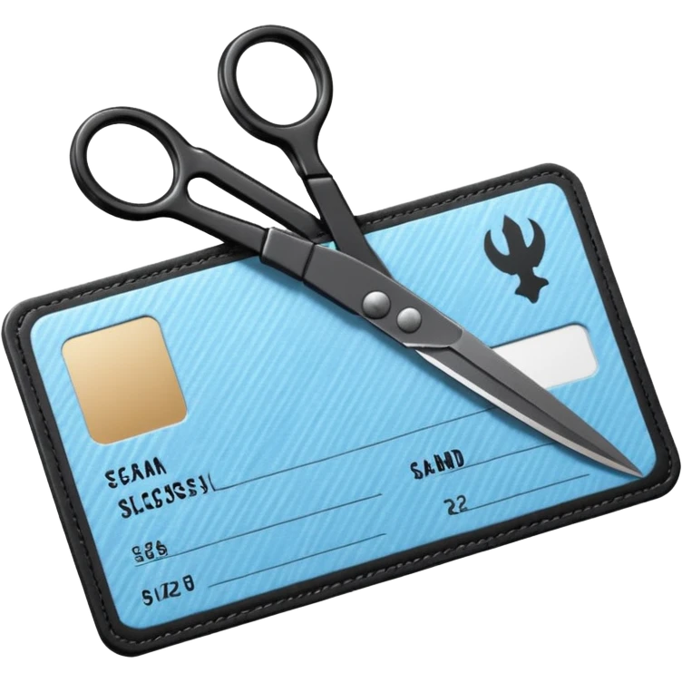 Floating black Scissors cutting a light blue military ID card in 2 parts .hyper realistic emoji