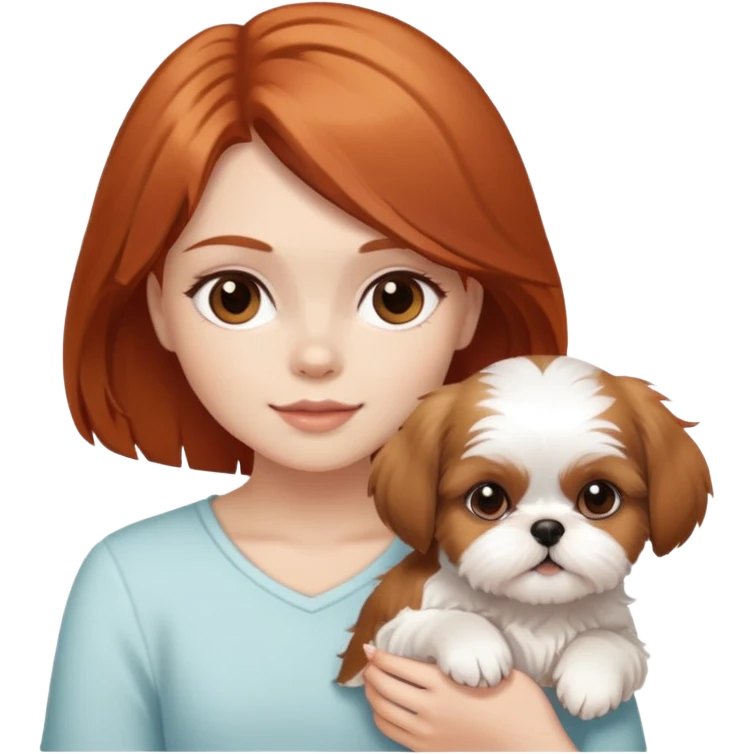 a red-haired girl with brown eyes holding a white and caramel-colored shih tzu puppy emoji