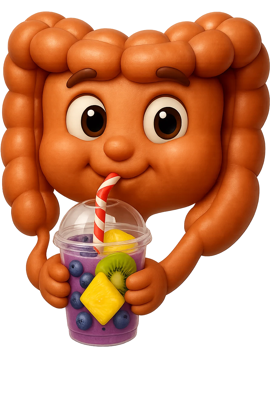 EMOJI STILE IPHONE DI un intestino umano anatomico che beve un frullato di mirtilli, ananas, kiwi, fagli anche la parte bianca degli occhi, non solo le pupille, REALISTICo 4K emoji