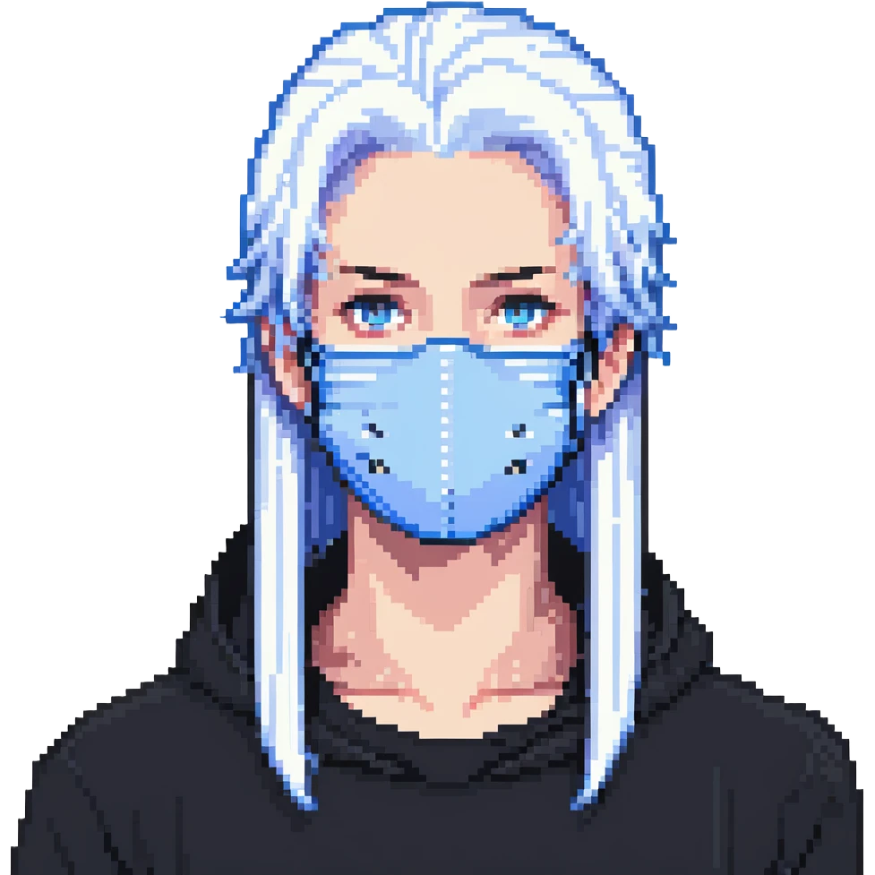 teenager wearing a blue mask and white hair emoji