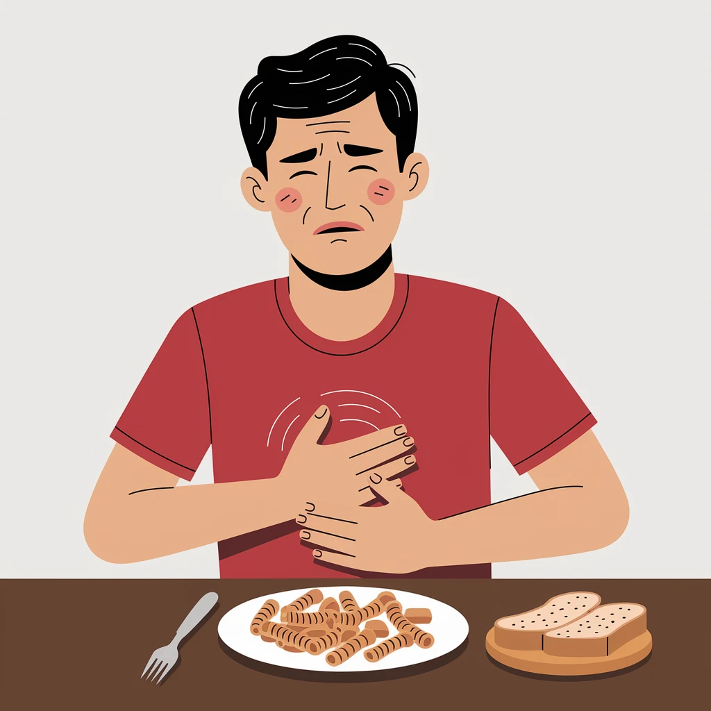 A man in his mid-30s sitting at a kitchen table with a plate of pasta and bread in front of him, looking uncomfortable and conflicted. His facial expression shows bloating, fatigue, and mild abdominal pain. One hand is on his stomach, the other hesitating to eat. emoji