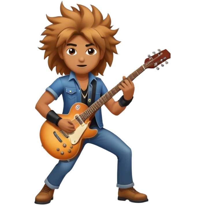 Super strong rockstar on the guitar while being shined on by a massive spotlight with his hair blowing and a cool aura emoji