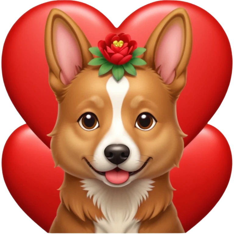 Short haired Belgian Dog with a flowerband on head is jumping on a heart emoji