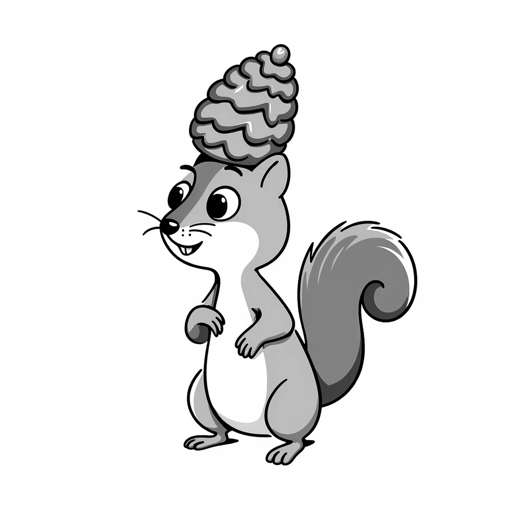 A greedy little squirrel with a large pine cone balanced on top of its head, making a strange, creepy expression emoji