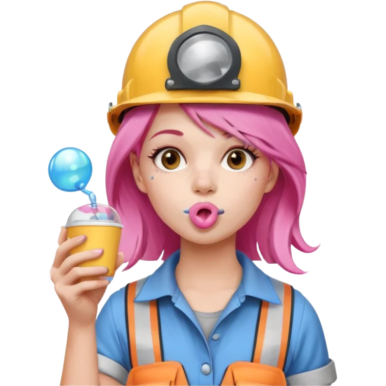 сделай молодую девушку с розовыми волосами, накрашенную красиво, с стаканчиком кофе, в каске, надувающую пузырь из жвачки emoji