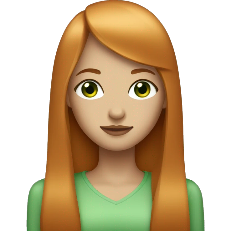 Beautiful girl with ginger straight hair green eyes and straight across bangs  emoji