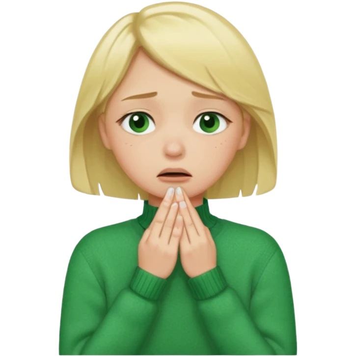blonde girl in green jumper with hand on throat, sad emoji