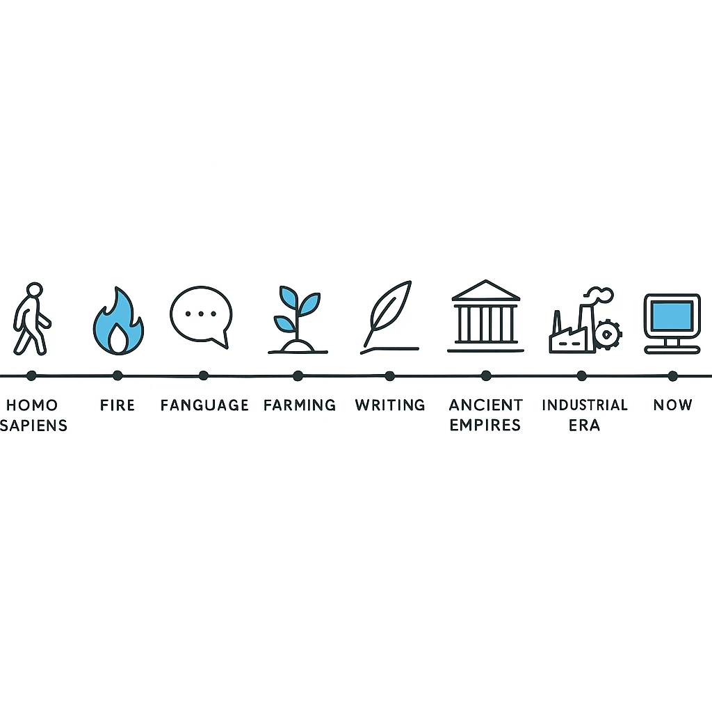Horizontal minimalist timeline infographic of human history from Homo sapiens to now, with milestones: early humans, fire, language, farming, cities, writing, ancient empires, industrial era, space age, computers. Flat icons with blue accent, modern sans-serif font, lots of white space, clean and minimalist style. emoji