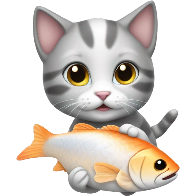 Cute kitten white and grey eat fish emoji